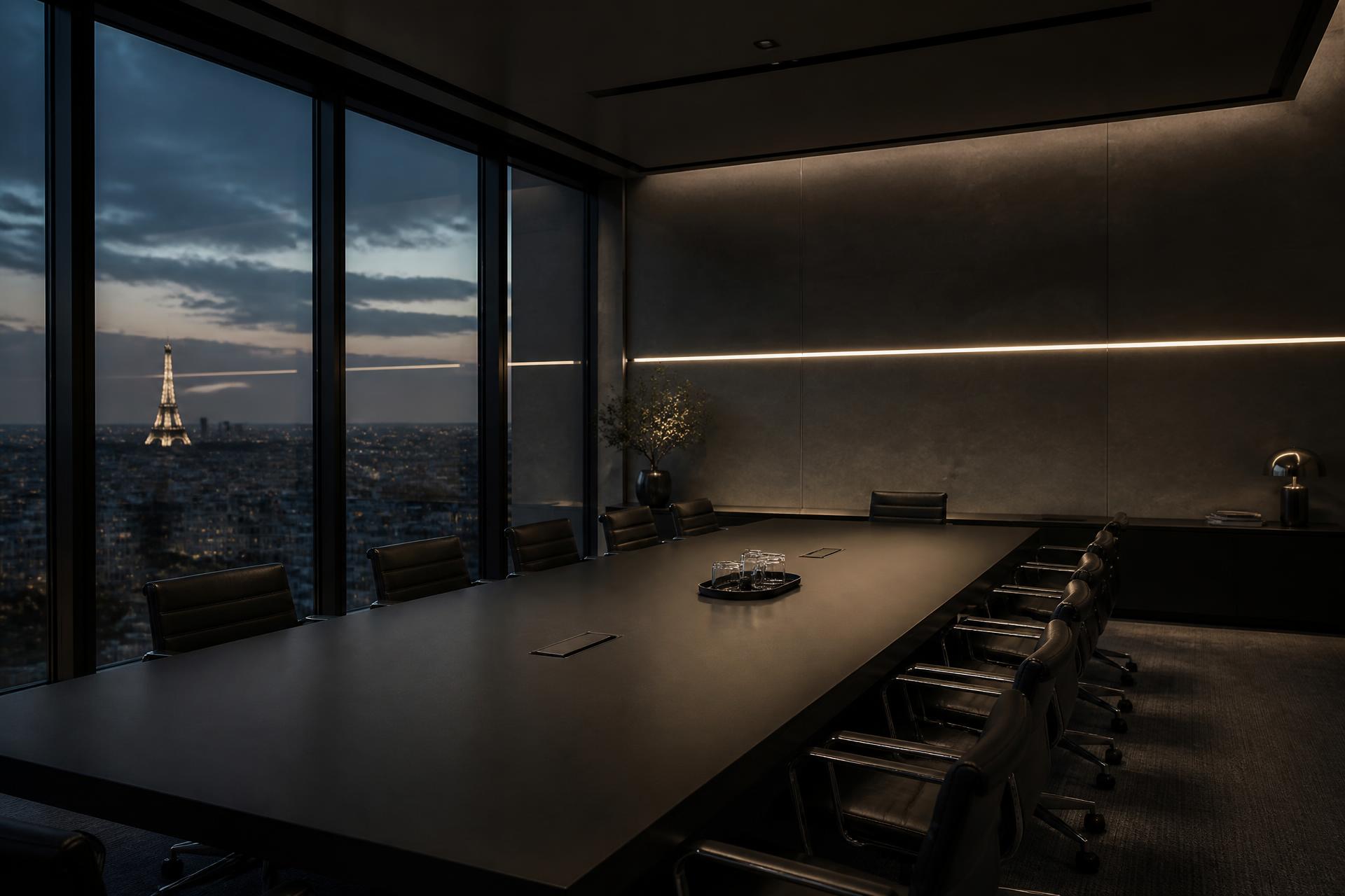 Salle de conseil parisienne au crépuscule